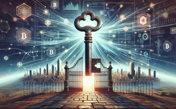 Generate a realistic, high-definition image visualizing the concept of 'Unlocking the Future'. It should depict an oversized, rusted, vintage key about to turn inside a weathered lock of an ornate gate leading to a futuristic city. The city should represent various aspects of a crypto revolution with data-streams, cryptocurrency symbols, digital locks, and graphs integrated into the skyline. The sky above can be a beautiful, intricate network of luminous data rays emanating from the key, demonstrating a brighter future being unlocked by altcoins.