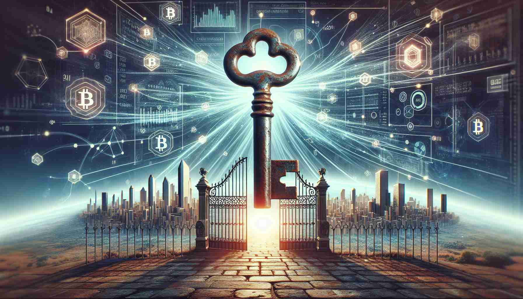 Generate a realistic, high-definition image visualizing the concept of 'Unlocking the Future'. It should depict an oversized, rusted, vintage key about to turn inside a weathered lock of an ornate gate leading to a futuristic city. The city should represent various aspects of a crypto revolution with data-streams, cryptocurrency symbols, digital locks, and graphs integrated into the skyline. The sky above can be a beautiful, intricate network of luminous data rays emanating from the key, demonstrating a brighter future being unlocked by altcoins.