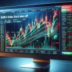 Produce a realistic high-definition image of a stock market chart with a significant upswing, overlaid with the text: 'Global-e Online Stock Takes Off: What You Need to Know'. The chart's visual design should represent modern finance with a mix of green and red candles, signifying the rise and fall of stock prices. For context, place the chart inside a computer screen, suggesting it's an online portal for stock trading. Do not depict any specific logos or identifiable elements of real online trading platforms.