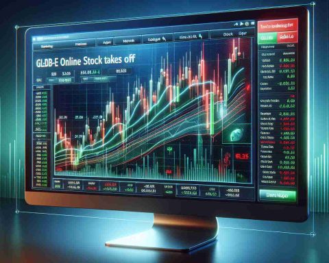 Produce a realistic high-definition image of a stock market chart with a significant upswing, overlaid with the text: 'Global-e Online Stock Takes Off: What You Need to Know'. The chart's visual design should represent modern finance with a mix of green and red candles, signifying the rise and fall of stock prices. For context, place the chart inside a computer screen, suggesting it's an online portal for stock trading. Do not depict any specific logos or identifiable elements of real online trading platforms.