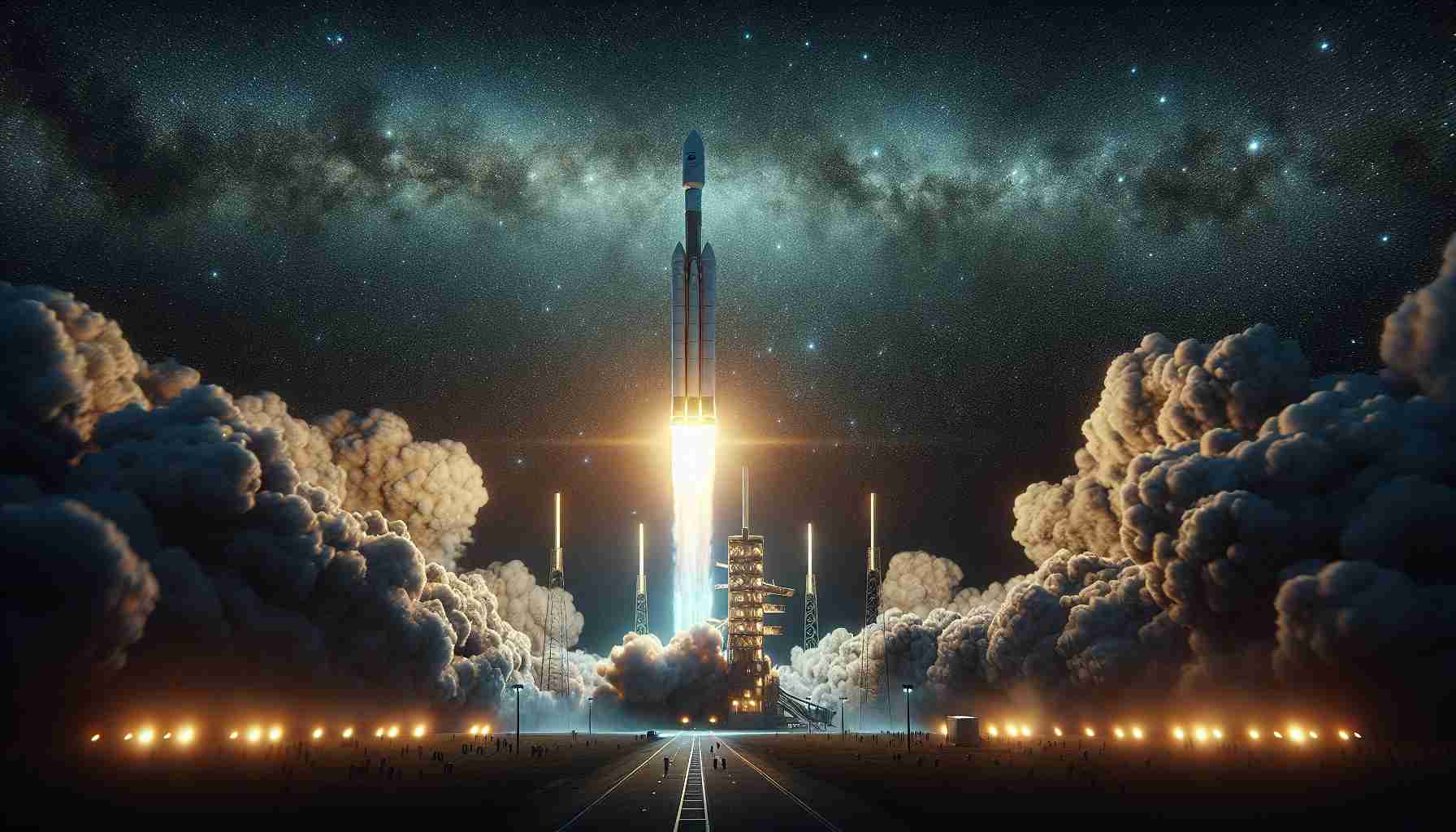 High-definition, realistic depiction of an anticipated event: the launch of a spaceship by a commercial space company at the stroke of midnight. Visualize the scene with the magnificence of the night sky, studded with a myriad of stars, acting as the backdrop for the gleaming rocket taking off. Immense plumes of smoke and fire trail behind the ascending rocket, illuminating the launch pad, while onlookers watch in awe from a safe distance.