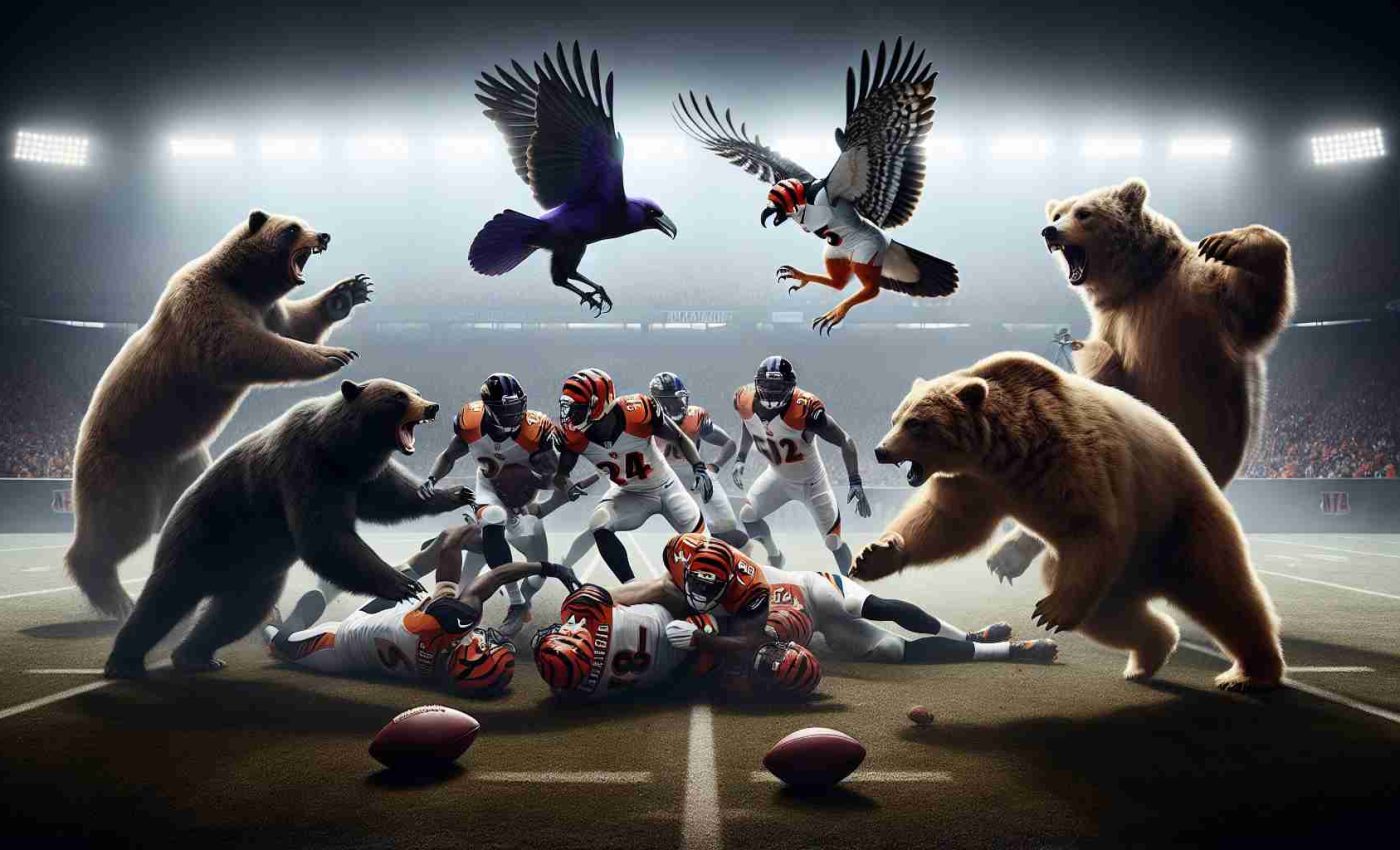 A high-definition, realistic depiction of a dramatic American football game scenario. Two teams, symbolized by animals, the Ravens and the Bengals, are engaged in a fierce competition. During the final moments, the team represented by the Ravens makes an impressive comeback. Despite their valiant efforts, they ultimately fall just short of victory against the Bengals. The scene captures the tension, the excitement and the disappointment of the moment.