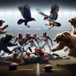 A high-definition, realistic depiction of a dramatic American football game scenario. Two teams, symbolized by animals, the Ravens and the Bengals, are engaged in a fierce competition. During the final moments, the team represented by the Ravens makes an impressive comeback. Despite their valiant efforts, they ultimately fall just short of victory against the Bengals. The scene captures the tension, the excitement and the disappointment of the moment.