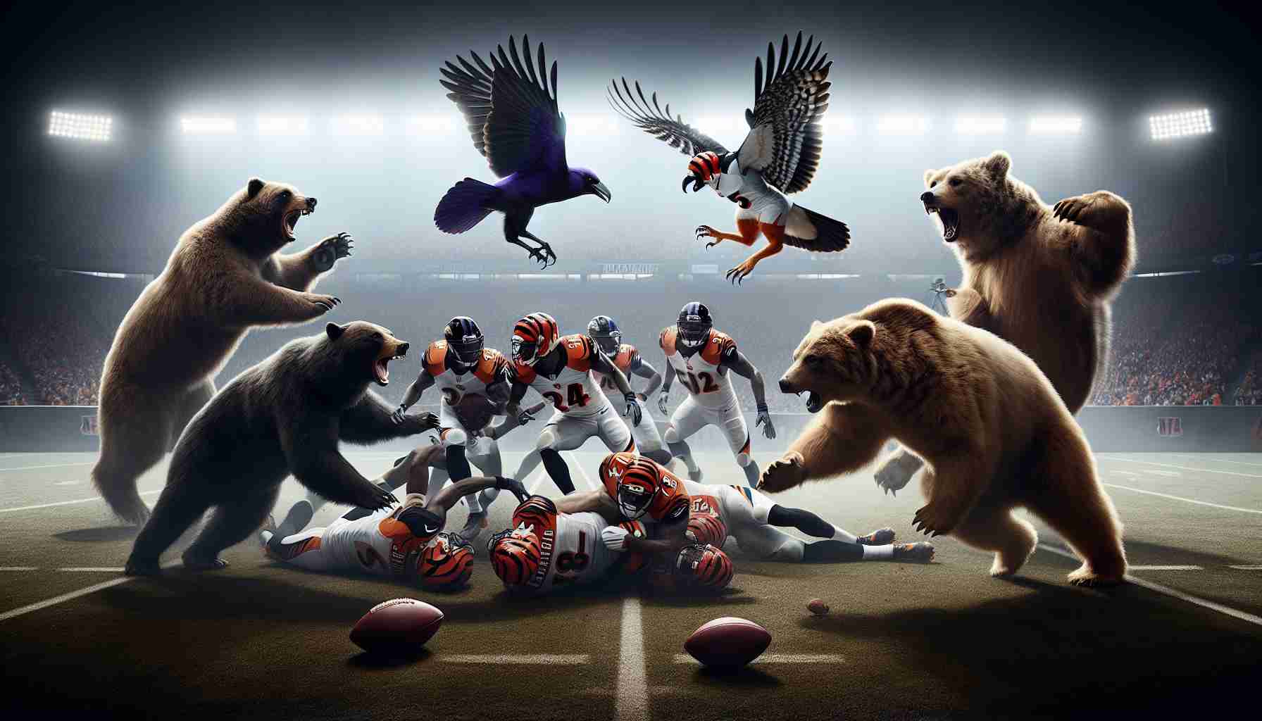 A high-definition, realistic depiction of a dramatic American football game scenario. Two teams, symbolized by animals, the Ravens and the Bengals, are engaged in a fierce competition. During the final moments, the team represented by the Ravens makes an impressive comeback. Despite their valiant efforts, they ultimately fall just short of victory against the Bengals. The scene captures the tension, the excitement and the disappointment of the moment.