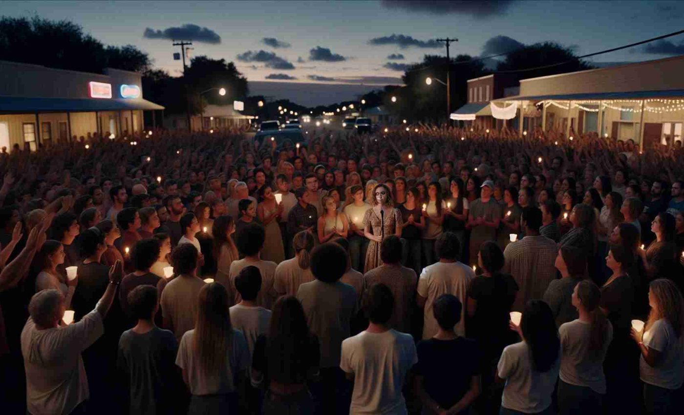 A realistic, high-definition image of a large community gathering in North Texas, supporting a local female singer in her recovery. The singer is not visible in the scene. Instead, focus on the solidarity of the crowd, their intense emotions, and the various ways they are showing their support. Perhaps some people are holding hands, others are lighting candles, and several are holding signs with encouraging messages. The setting is twilight, adding a solemn, hopeful mood to the scene.