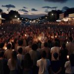 A realistic, high-definition image of a large community gathering in North Texas, supporting a local female singer in her recovery. The singer is not visible in the scene. Instead, focus on the solidarity of the crowd, their intense emotions, and the various ways they are showing their support. Perhaps some people are holding hands, others are lighting candles, and several are holding signs with encouraging messages. The setting is twilight, adding a solemn, hopeful mood to the scene.