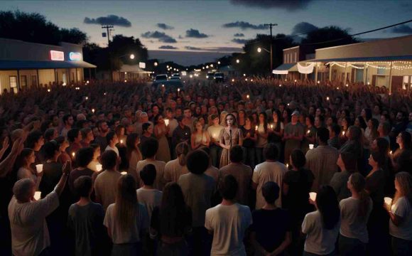 A realistic, high-definition image of a large community gathering in North Texas, supporting a local female singer in her recovery. The singer is not visible in the scene. Instead, focus on the solidarity of the crowd, their intense emotions, and the various ways they are showing their support. Perhaps some people are holding hands, others are lighting candles, and several are holding signs with encouraging messages. The setting is twilight, adding a solemn, hopeful mood to the scene.