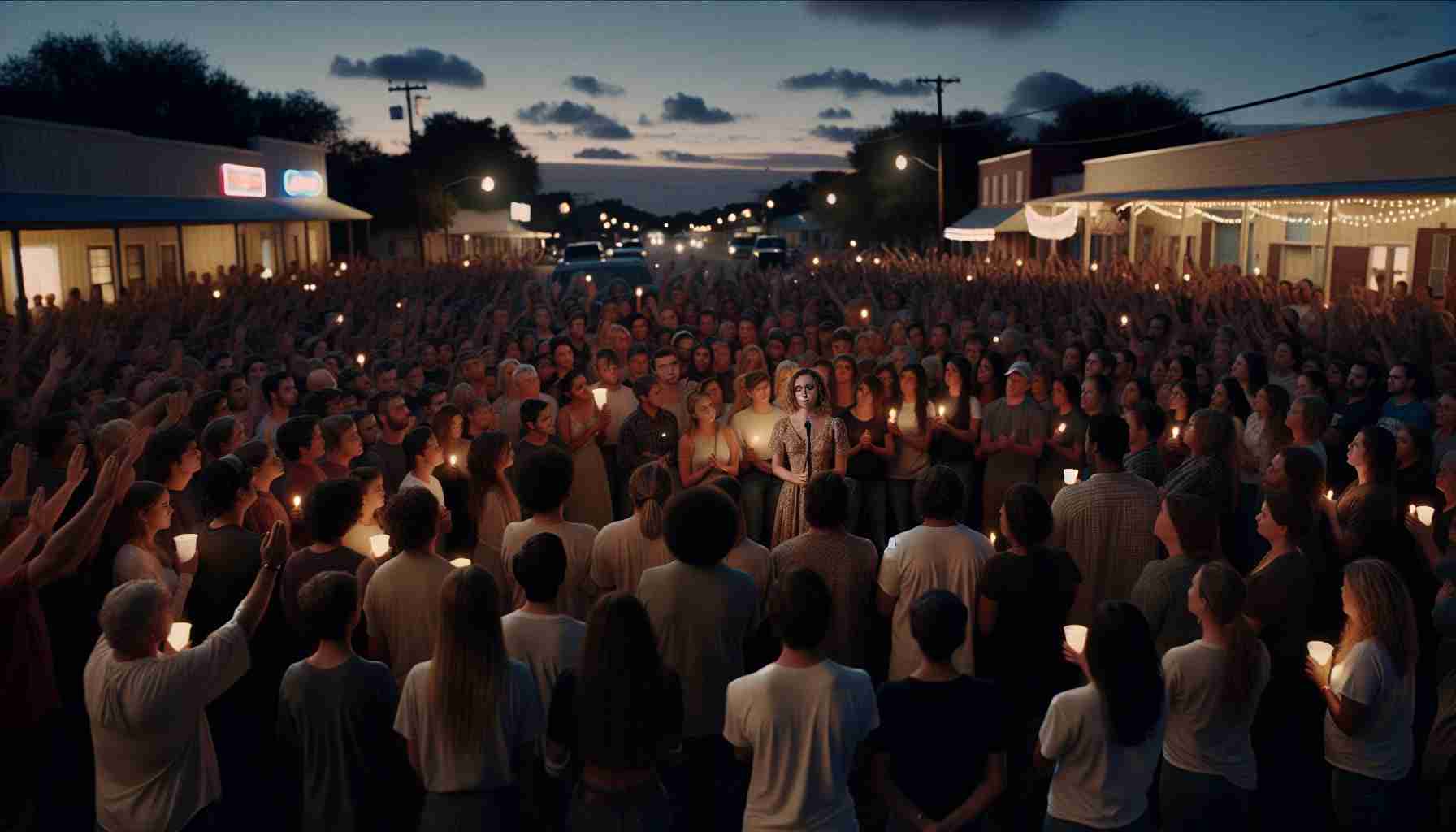 A realistic, high-definition image of a large community gathering in North Texas, supporting a local female singer in her recovery. The singer is not visible in the scene. Instead, focus on the solidarity of the crowd, their intense emotions, and the various ways they are showing their support. Perhaps some people are holding hands, others are lighting candles, and several are holding signs with encouraging messages. The setting is twilight, adding a solemn, hopeful mood to the scene.