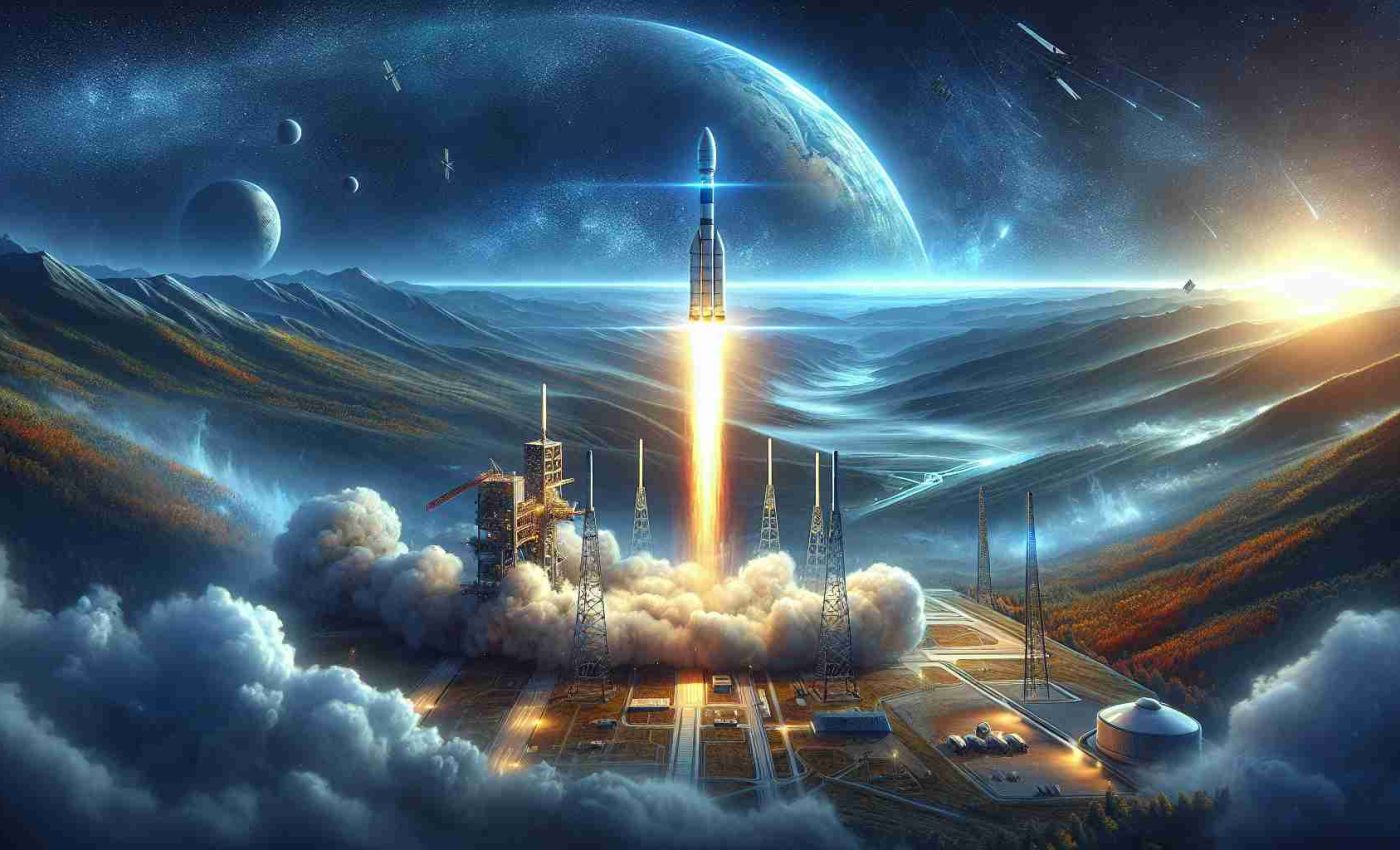 Detailed HD picture of a fictional space exploration company launching a new set of satellites, marked by a vibrant rocket trail, highlighting a quantum leap in global connectivity. The majestic scenery surrounds the rocket as it ascends, blue sky gradually darkening into vast space. These new satellites illustratively tend to enhance global internet coverage which visibly depicts boosted global connectivity. The launchpad dissipates with smoke, lending an air of thrilling suspense to the scene. Nearby observation crews, man and woman of mixed descents, anxiously track the progress of the launch.