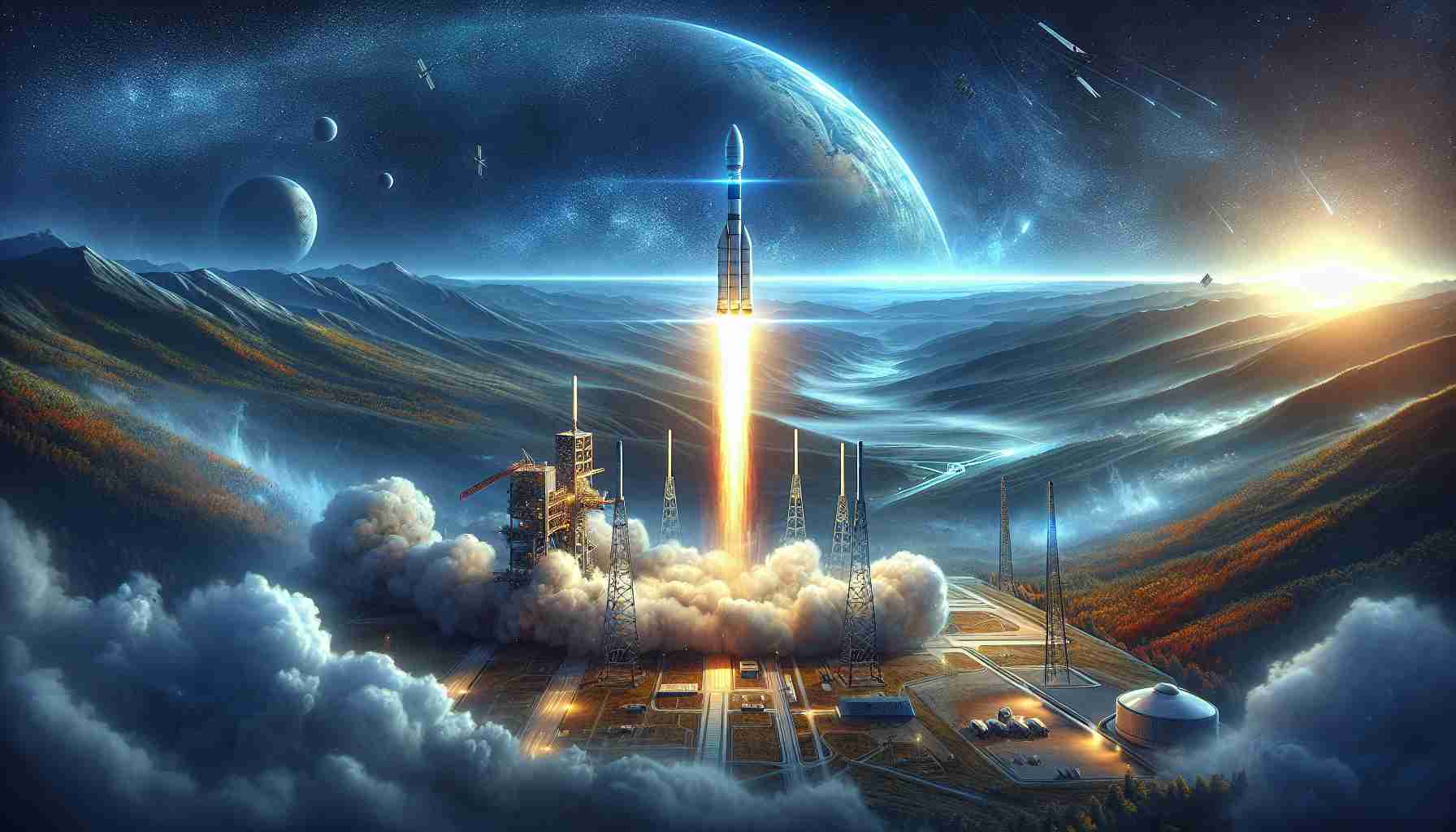 Detailed HD picture of a fictional space exploration company launching a new set of satellites, marked by a vibrant rocket trail, highlighting a quantum leap in global connectivity. The majestic scenery surrounds the rocket as it ascends, blue sky gradually darkening into vast space. These new satellites illustratively tend to enhance global internet coverage which visibly depicts boosted global connectivity. The launchpad dissipates with smoke, lending an air of thrilling suspense to the scene. Nearby observation crews, man and woman of mixed descents, anxiously track the progress of the launch.