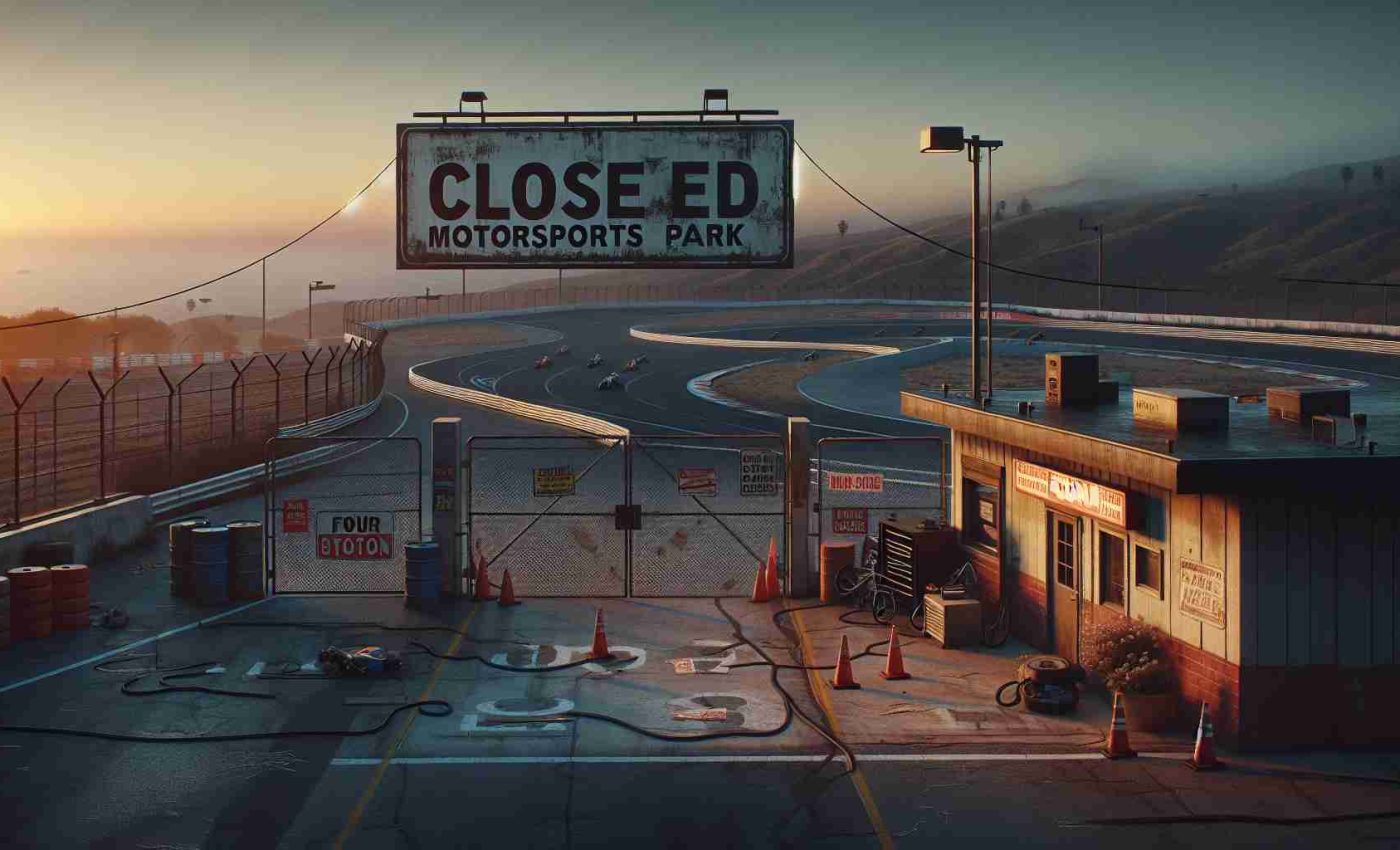 A realistic high-definition image showing the melancholic scene of a closed down motorsports park in California. The image may include a worn-out circuit, abandoned racing equipment, a locked entrance gate with faded signs, no people around. The setting is at dawn or dusk to represent the termination of an era. The fading light can symbolize the loss of a young rider that caused the park to close.