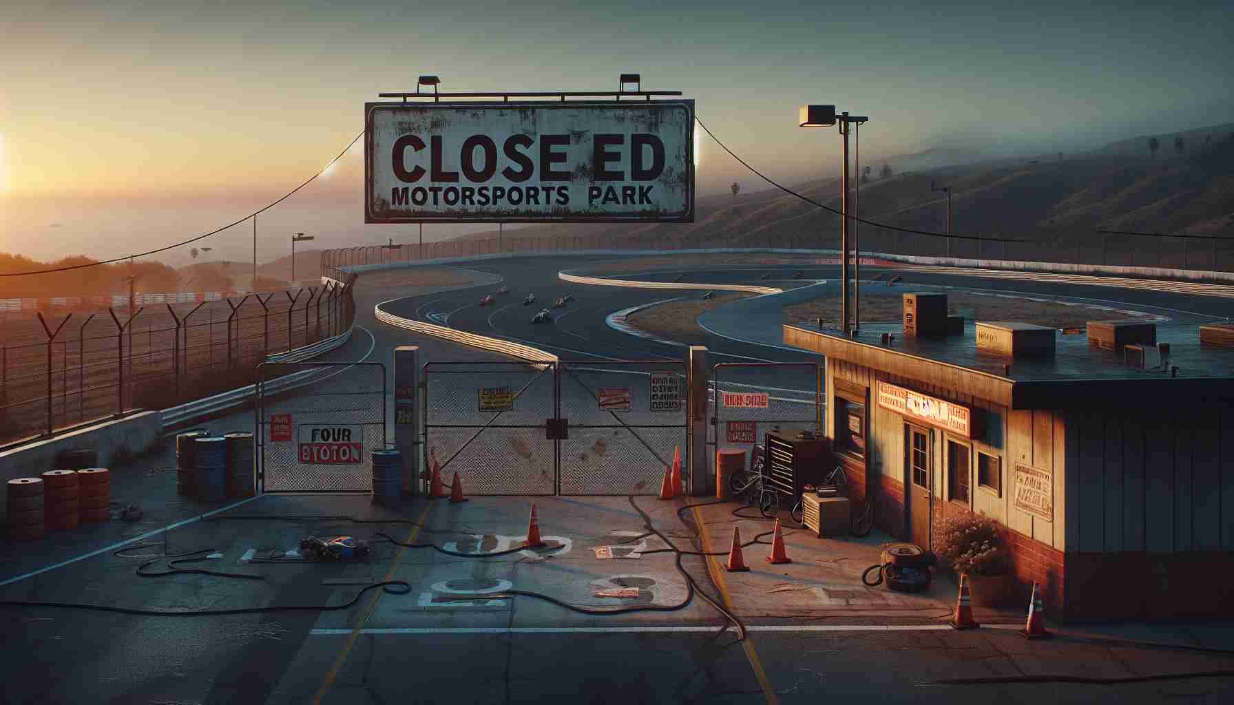 A realistic high-definition image showing the melancholic scene of a closed down motorsports park in California. The image may include a worn-out circuit, abandoned racing equipment, a locked entrance gate with faded signs, no people around. The setting is at dawn or dusk to represent the termination of an era. The fading light can symbolize the loss of a young rider that caused the park to close.