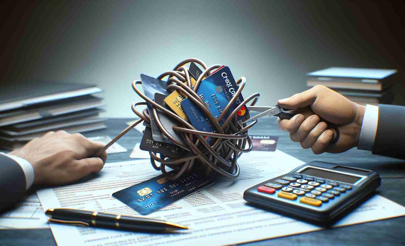 An HD quality image in a realistic style that depicts the concept of 'Unraveling the Mystery: Why Your Card Isn't Being Accepted'. Picture an ensemble of credit cards being untangled or broken free from a precarious knot, the visual metaphor for complexities that one might encounter during a transaction. Situate this scene against the setting of a desk with some financial documents, a pen, and maybe a frustrated individual in the background trying to figure out why their card isn't working.