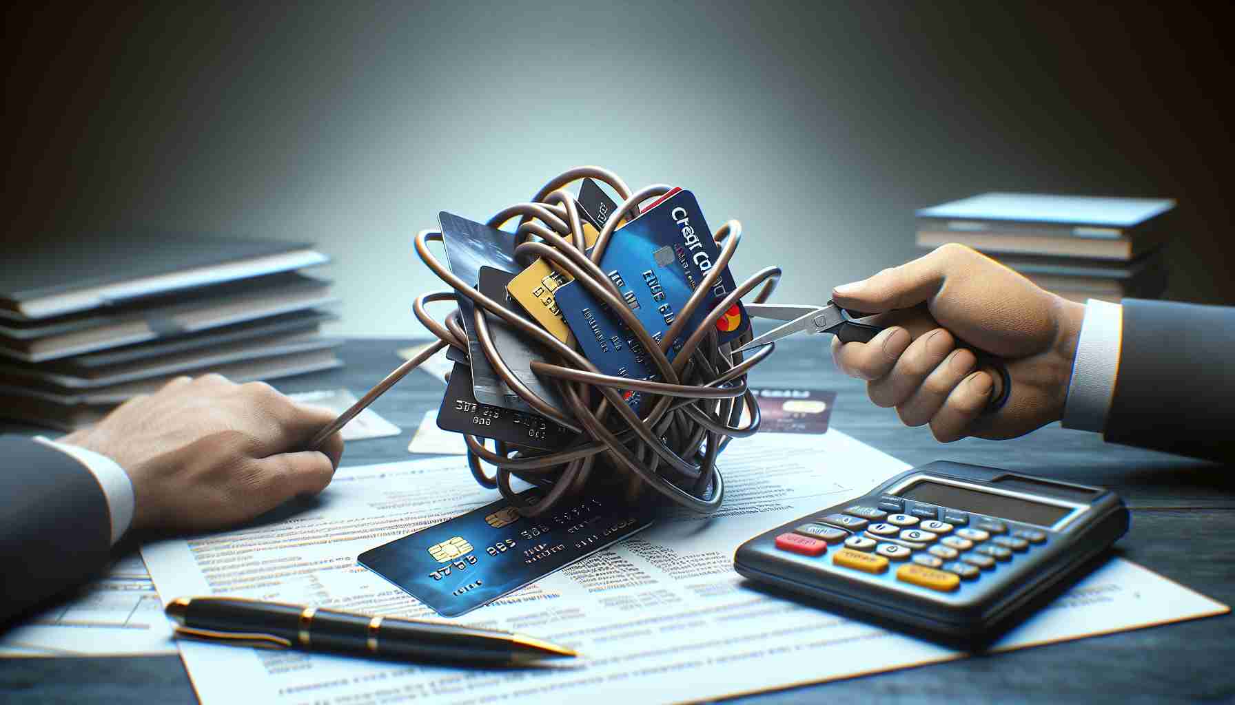 An HD quality image in a realistic style that depicts the concept of 'Unraveling the Mystery: Why Your Card Isn't Being Accepted'. Picture an ensemble of credit cards being untangled or broken free from a precarious knot, the visual metaphor for complexities that one might encounter during a transaction. Situate this scene against the setting of a desk with some financial documents, a pen, and maybe a frustrated individual in the background trying to figure out why their card isn't working.