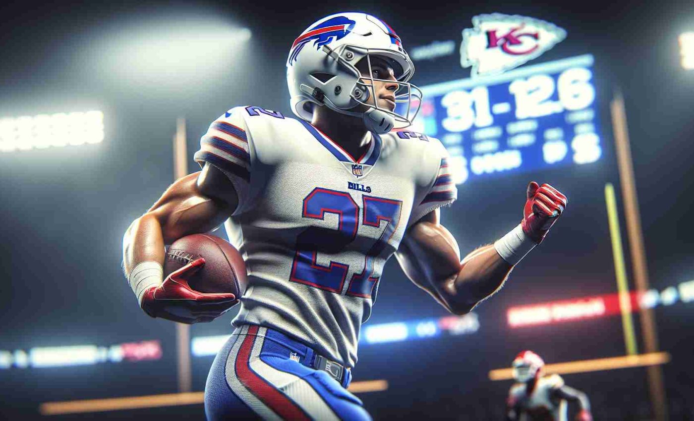 A high-definition realistic snapshot of a generic fit male football player in action, for a team with a color scheme similar to the Buffalo Bills. The player is captured in a triumphant moment, perhaps after a significant play, in the middle of a game against a team with a color scheme like that of the Kansas City Chiefs. The scoreboard in the background subtly hints that the team resembling the Bills has handed the team similar to the Chiefs their first loss of the season.