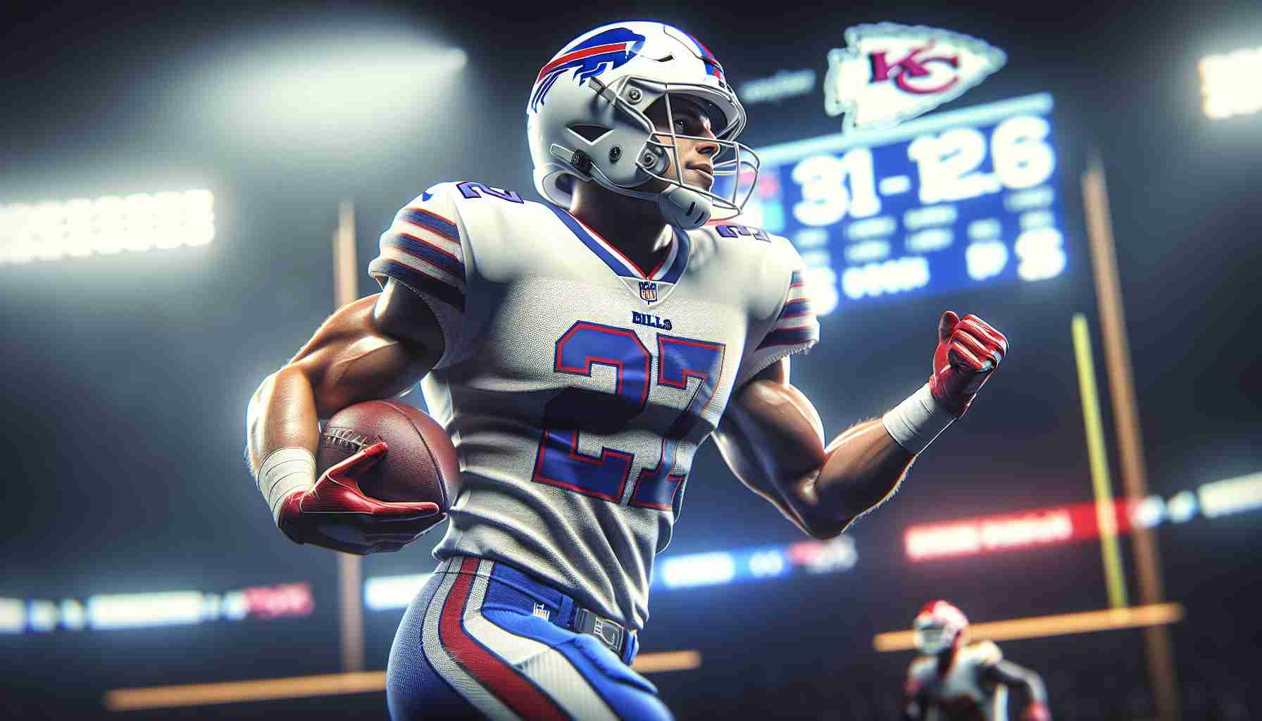 A high-definition realistic snapshot of a generic fit male football player in action, for a team with a color scheme similar to the Buffalo Bills. The player is captured in a triumphant moment, perhaps after a significant play, in the middle of a game against a team with a color scheme like that of the Kansas City Chiefs. The scoreboard in the background subtly hints that the team resembling the Bills has handed the team similar to the Chiefs their first loss of the season.