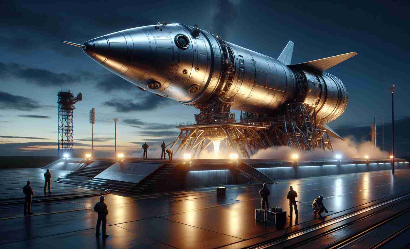 Realistic high-definition image of a cutting-edge spaceship positioned on a launch pad, with engineers performing final check-ups in preparation for a crucial test flight. The spacecraft, designed for interstellar journeys, is a spectacle of gleaming metal against the backdrop of late evening sky waiting to roar into life.