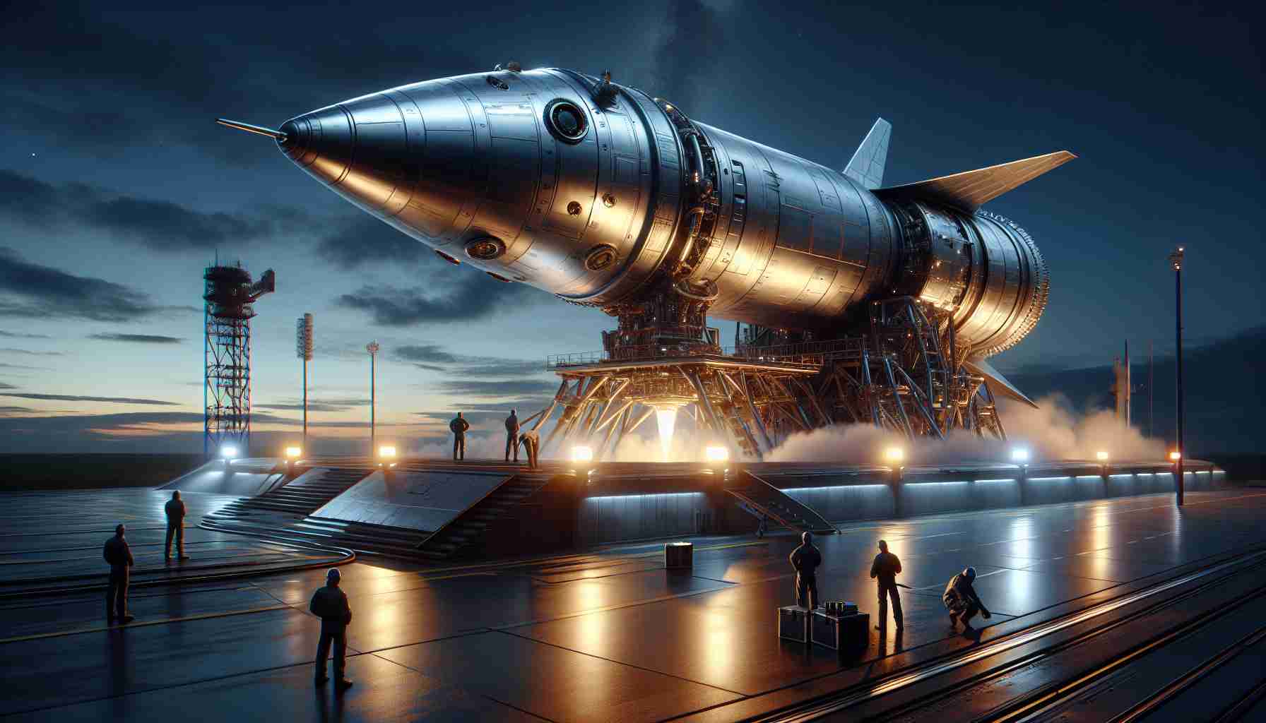 Realistic high-definition image of a cutting-edge spaceship positioned on a launch pad, with engineers performing final check-ups in preparation for a crucial test flight. The spacecraft, designed for interstellar journeys, is a spectacle of gleaming metal against the backdrop of late evening sky waiting to roar into life.