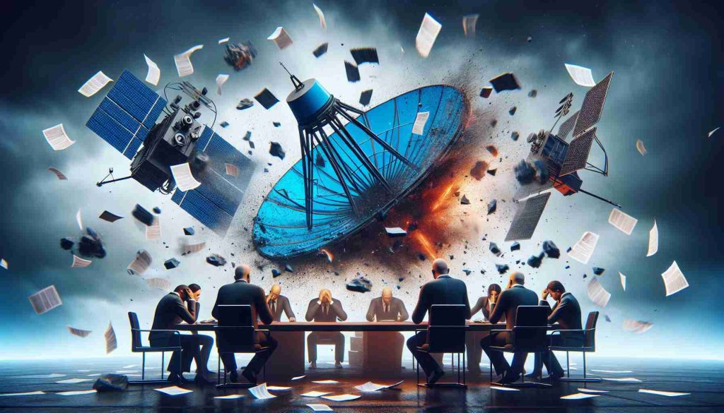 A high-definition image that realistically illustrates the events unfolding as two giant satellite television companies, not specified but symbolic of DirecTV and Dish Network, experience unsuccessful merger plans. The image could represent a symbolic crashing of a dish and a satellite, or perhaps executive figures around a table looking disappointed and paperwork flying in distress.