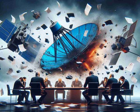 A high-definition image that realistically illustrates the events unfolding as two giant satellite television companies, not specified but symbolic of DirecTV and Dish Network, experience unsuccessful merger plans. The image could represent a symbolic crashing of a dish and a satellite, or perhaps executive figures around a table looking disappointed and paperwork flying in distress.