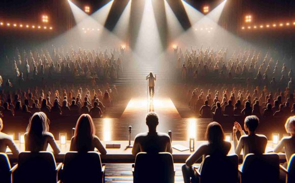 A realistic, high-definition image of a moving tribute moment during the auditions of a popular singing talent show. The room is filled with raw emotion as one of the contestants delivers a soulful performance that leads to tearful reactions from the judges and audience members. The stage is lit with soft warm lights reflecting the solemn atmosphere, as the singer pours their heart into every note.