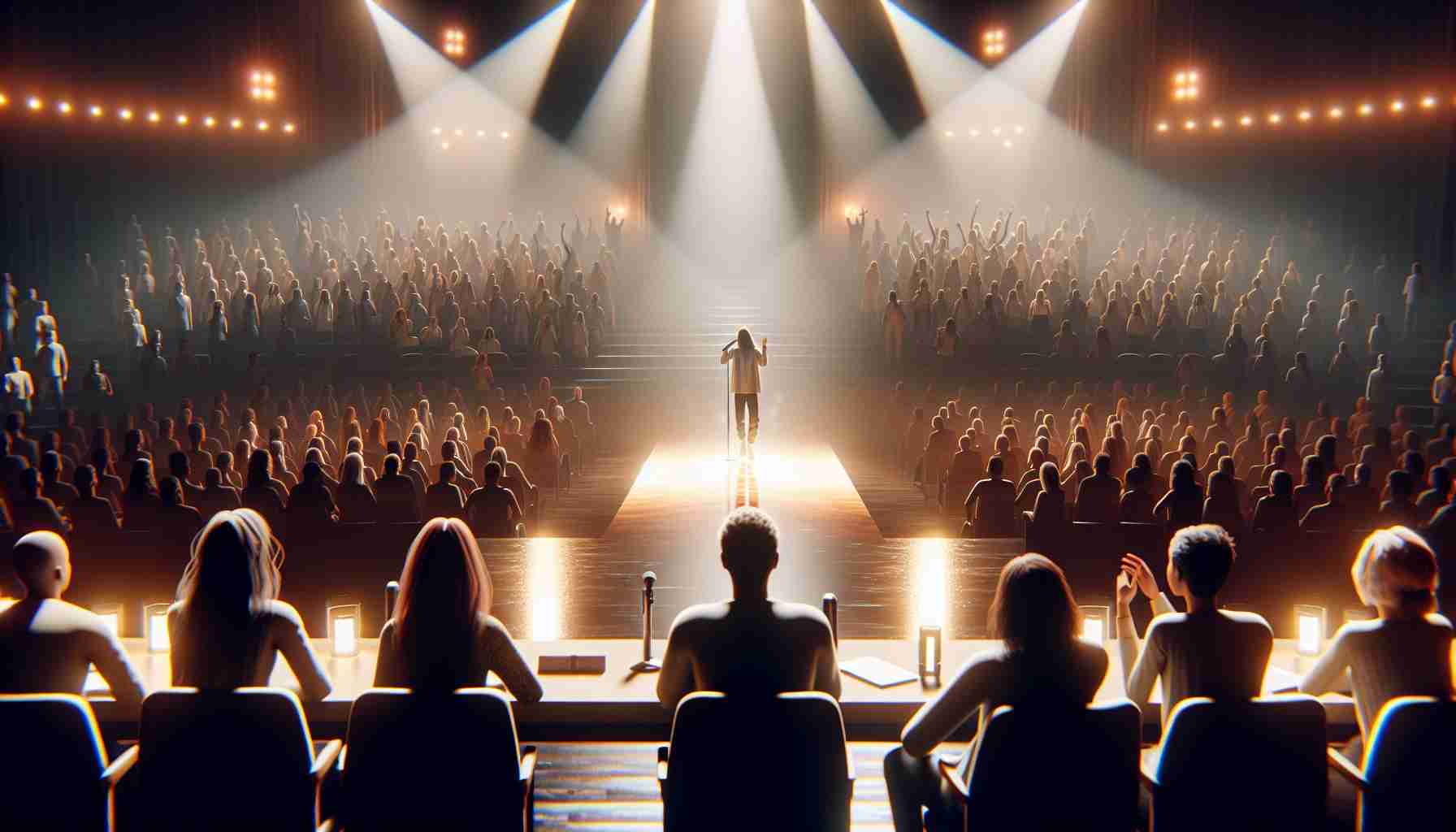 A realistic, high-definition image of a moving tribute moment during the auditions of a popular singing talent show. The room is filled with raw emotion as one of the contestants delivers a soulful performance that leads to tearful reactions from the judges and audience members. The stage is lit with soft warm lights reflecting the solemn atmosphere, as the singer pours their heart into every note.