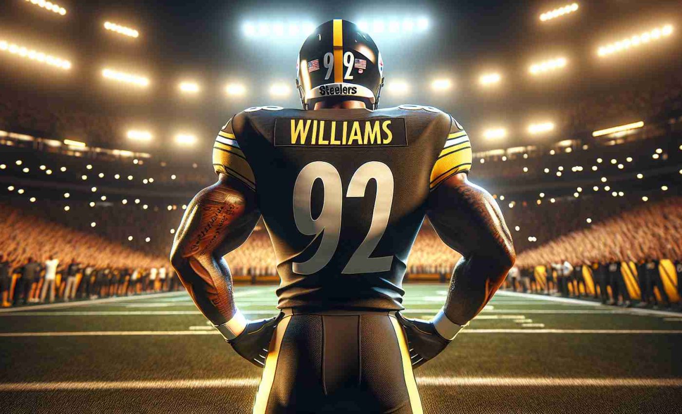 High-definition, realistic image of a football player in the signature black and gold uniform of the Pittsburgh Steelers. The player's back is turned, showing the jersey with the name 'Williams' and an indeterminate number. The scenario suggests the excitement and potential of a new talent joining the roster, with a cheering crowd in the background, and a football field illuminated by stadium lights.