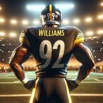 High-definition, realistic image of a football player in the signature black and gold uniform of the Pittsburgh Steelers. The player's back is turned, showing the jersey with the name 'Williams' and an indeterminate number. The scenario suggests the excitement and potential of a new talent joining the roster, with a cheering crowd in the background, and a football field illuminated by stadium lights.