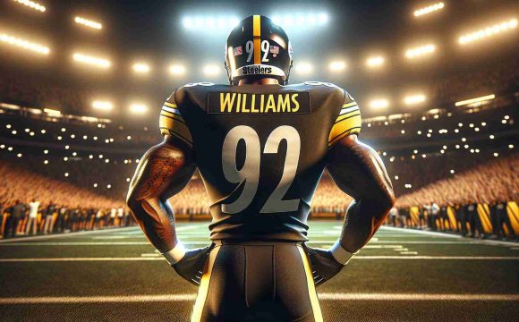 High-definition, realistic image of a football player in the signature black and gold uniform of the Pittsburgh Steelers. The player's back is turned, showing the jersey with the name 'Williams' and an indeterminate number. The scenario suggests the excitement and potential of a new talent joining the roster, with a cheering crowd in the background, and a football field illuminated by stadium lights.