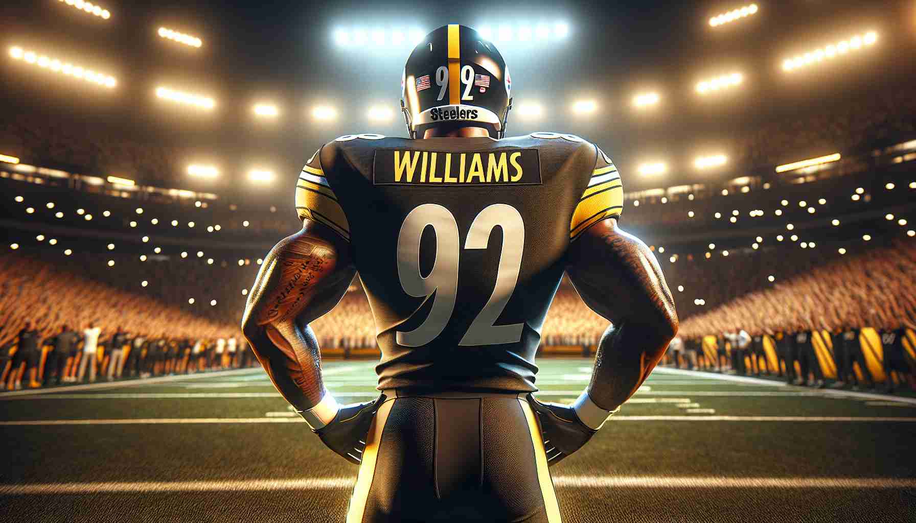 High-definition, realistic image of a football player in the signature black and gold uniform of the Pittsburgh Steelers. The player's back is turned, showing the jersey with the name 'Williams' and an indeterminate number. The scenario suggests the excitement and potential of a new talent joining the roster, with a cheering crowd in the background, and a football field illuminated by stadium lights.