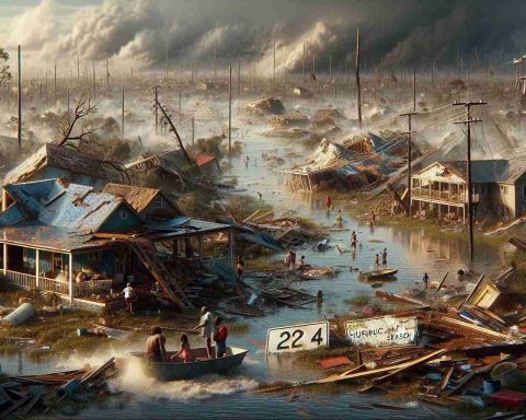 A highly detailed and realistic image depicting the aftermath of the 2024 hurricane season. Show a landscape of damaged homes, floods, and toppled trees to showcase the catastrophic destruction. Include visuals of people working together in the rubble; a mix of races and genders should be shown, indicating the shared tragedy and unity in response. Use somber colors to create a sobering atmosphere and hint at the loss of life without directly displaying it. To represent the enduring impact and memory of the disaster, include a broken sign with the phrase '2024 Hurricane Season', weathered but still standing.