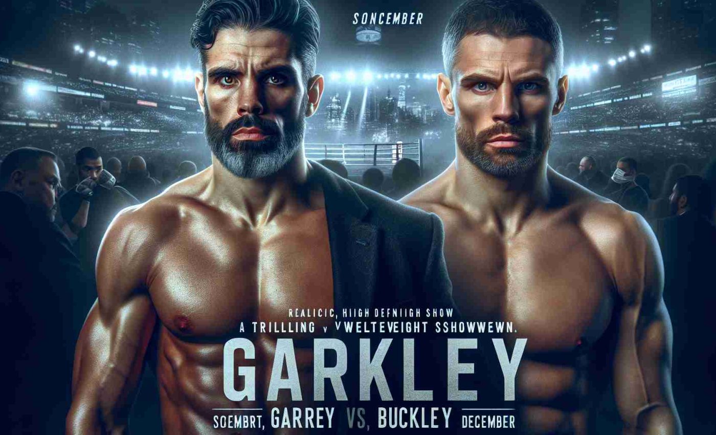 Generate a realistic, high-definition image featuring a promotional poster for a thrilling welterweight showdown set in December. The poster should highlight two male fighters, one named Garry of Hispanic descent with rugged features, intense gaze, and toned physique, and another named Buckley of Caucasian descent, showcasing strong determination, powerful build, and an air of confidence. The setting is a fight night with an atmosphere filled with anticipation and excitement.