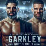 Generate a realistic, high-definition image featuring a promotional poster for a thrilling welterweight showdown set in December. The poster should highlight two male fighters, one named Garry of Hispanic descent with rugged features, intense gaze, and toned physique, and another named Buckley of Caucasian descent, showcasing strong determination, powerful build, and an air of confidence. The setting is a fight night with an atmosphere filled with anticipation and excitement.