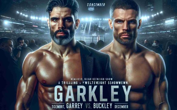 Generate a realistic, high-definition image featuring a promotional poster for a thrilling welterweight showdown set in December. The poster should highlight two male fighters, one named Garry of Hispanic descent with rugged features, intense gaze, and toned physique, and another named Buckley of Caucasian descent, showcasing strong determination, powerful build, and an air of confidence. The setting is a fight night with an atmosphere filled with anticipation and excitement.