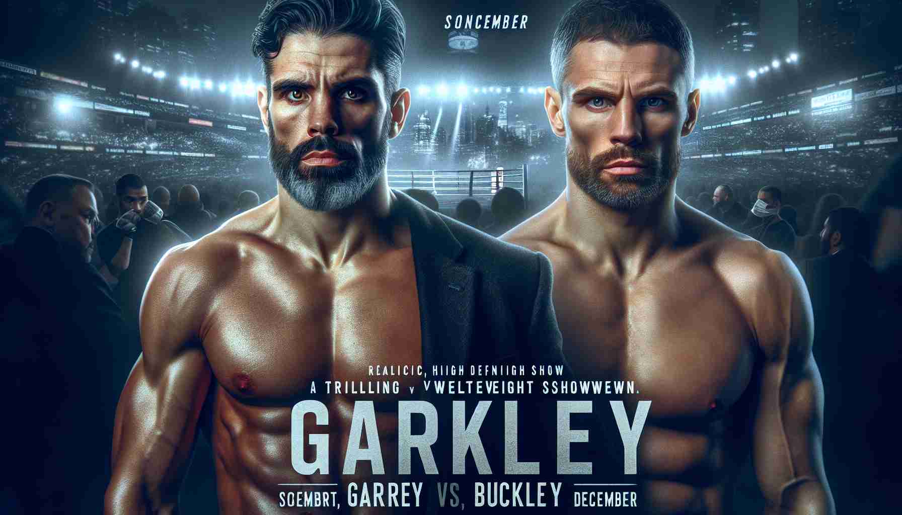 Generate a realistic, high-definition image featuring a promotional poster for a thrilling welterweight showdown set in December. The poster should highlight two male fighters, one named Garry of Hispanic descent with rugged features, intense gaze, and toned physique, and another named Buckley of Caucasian descent, showcasing strong determination, powerful build, and an air of confidence. The setting is a fight night with an atmosphere filled with anticipation and excitement.