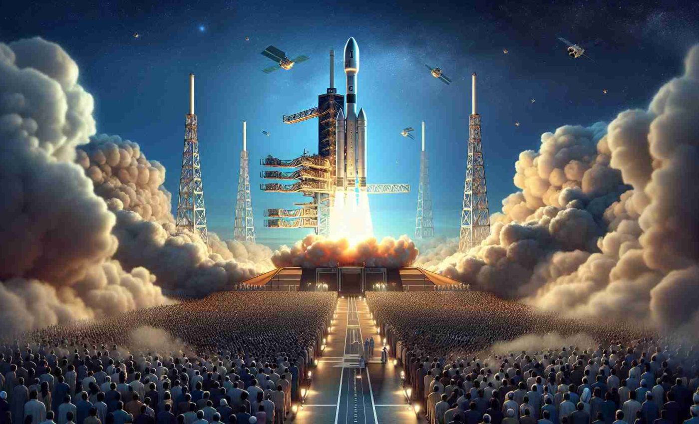 Realistic high-definition image depicting a significant moment in space exploration history. Show a space launch scene with a rocket engineered with remarkable power and technology, akin to that of a renowned private space exploration company. The focal point of the image should be the launch of a satellite representing the South Asian nation of India, ascending into the sky leaving a trail of smoke. The background should showcase a clear blue sky with a vault of spectators below, displaying mixed emotions of excitement, anticipation, and awe, huddled together in observance of this revolution in space travel.