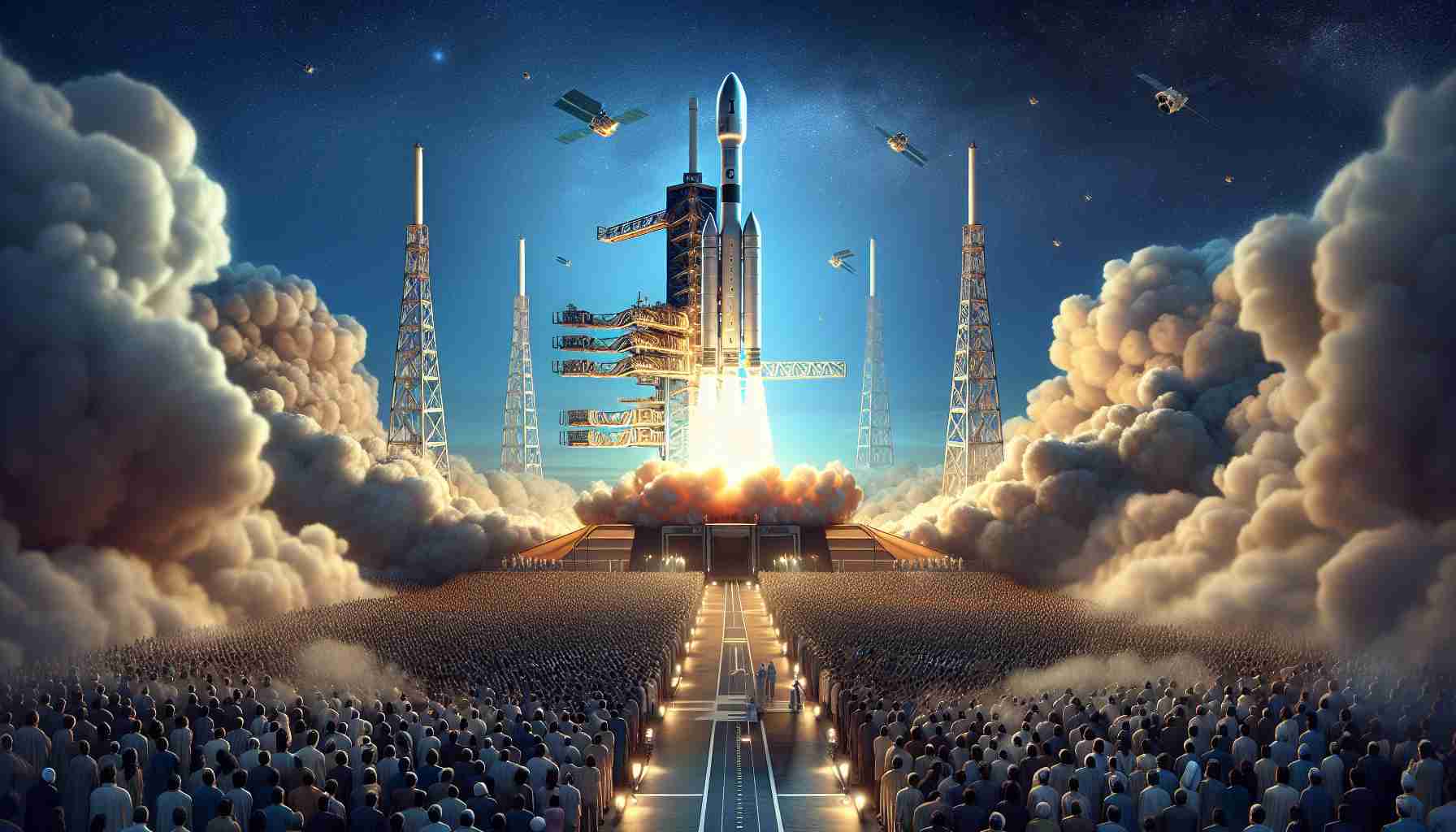 Realistic high-definition image depicting a significant moment in space exploration history. Show a space launch scene with a rocket engineered with remarkable power and technology, akin to that of a renowned private space exploration company. The focal point of the image should be the launch of a satellite representing the South Asian nation of India, ascending into the sky leaving a trail of smoke. The background should showcase a clear blue sky with a vault of spectators below, displaying mixed emotions of excitement, anticipation, and awe, huddled together in observance of this revolution in space travel.