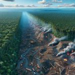 A realistic, high-definition image showcasing the crisis of deforestation. Depict a vast rainforest, potentially known as Mau Forest, under threat with clear signs of significant and rampant devastation. Imperative signs of loss include drastically cleared areas, slashed and burnt forest sections, piles of timber, and logging equipment. The contrasting elements should be vivid, with the vibrant lush bio-diverse area juxtaposed against barren, damaged lands. This scene should highlight the catastrophic consequences of deforestation and the urgent need for preservation and conservation of our natural resources.