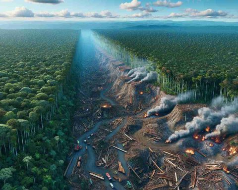 A realistic, high-definition image showcasing the crisis of deforestation. Depict a vast rainforest, potentially known as Mau Forest, under threat with clear signs of significant and rampant devastation. Imperative signs of loss include drastically cleared areas, slashed and burnt forest sections, piles of timber, and logging equipment. The contrasting elements should be vivid, with the vibrant lush bio-diverse area juxtaposed against barren, damaged lands. This scene should highlight the catastrophic consequences of deforestation and the urgent need for preservation and conservation of our natural resources.