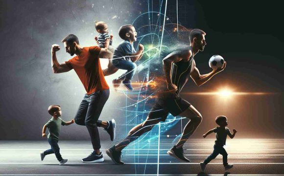 An inspiring and realistic high-definition image depicting the journey of a father who is also a competitive athlete. He is juggling the responsibilities of parenthood with his fierce passion for athletics. The scene could show him training with intensity while, at the same time, taking care of his children, symbolizing his duel roles in life.