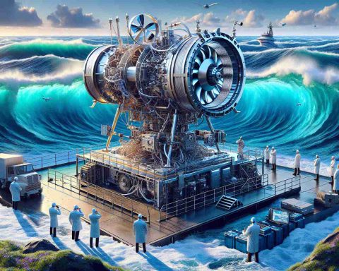 Generate a high-definition, realistic image depicting the introduction of transformative technology by NASA intended for advancing the field of oceanography. The picture should convey excitement and progress, with the unveiled device appearing cutting-edge and capable of profound depths exploration. Surroundings might feature ocean waves, scientists observing the equipment, and a backdrop of a clear sky.