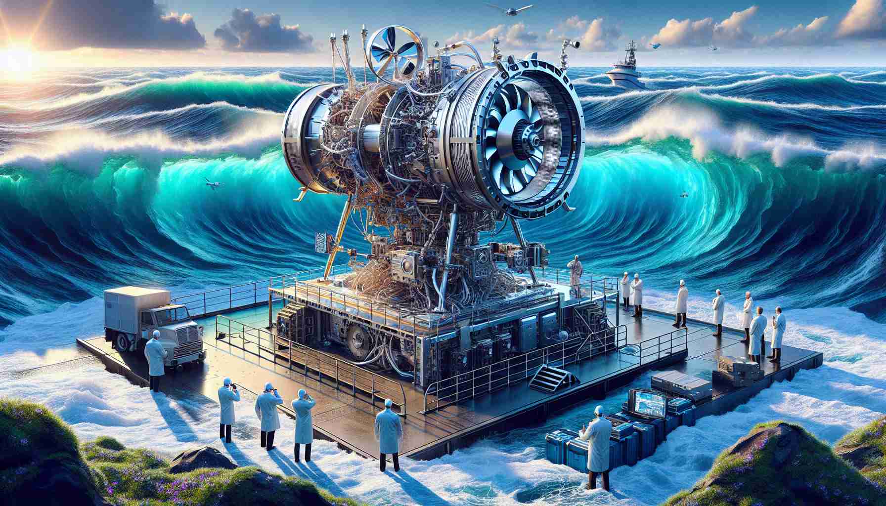 Generate a high-definition, realistic image depicting the introduction of transformative technology by NASA intended for advancing the field of oceanography. The picture should convey excitement and progress, with the unveiled device appearing cutting-edge and capable of profound depths exploration. Surroundings might feature ocean waves, scientists observing the equipment, and a backdrop of a clear sky.