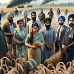 Realistic high-definition image of a scenario in Punjab involving a mix of individuals engaged in farming. Among the crowd, there is a black male farmer, a Middle-Eastern female farmer, a Caucasian male official, and a South Asian female official, all are caught in a deceptive act related to stubble burning. The farmers are seen in their work attire and the officials in their formal standard suits. The context of the image indicates a revelation of the controversial practice of stubble burning. The setting is a typical Punjabi farmland with tall golden wheat stalks, a clear sky, and traces of smoke in the air from the stubble burning.