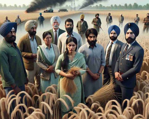 Realistic high-definition image of a scenario in Punjab involving a mix of individuals engaged in farming. Among the crowd, there is a black male farmer, a Middle-Eastern female farmer, a Caucasian male official, and a South Asian female official, all are caught in a deceptive act related to stubble burning. The farmers are seen in their work attire and the officials in their formal standard suits. The context of the image indicates a revelation of the controversial practice of stubble burning. The setting is a typical Punjabi farmland with tall golden wheat stalks, a clear sky, and traces of smoke in the air from the stubble burning.