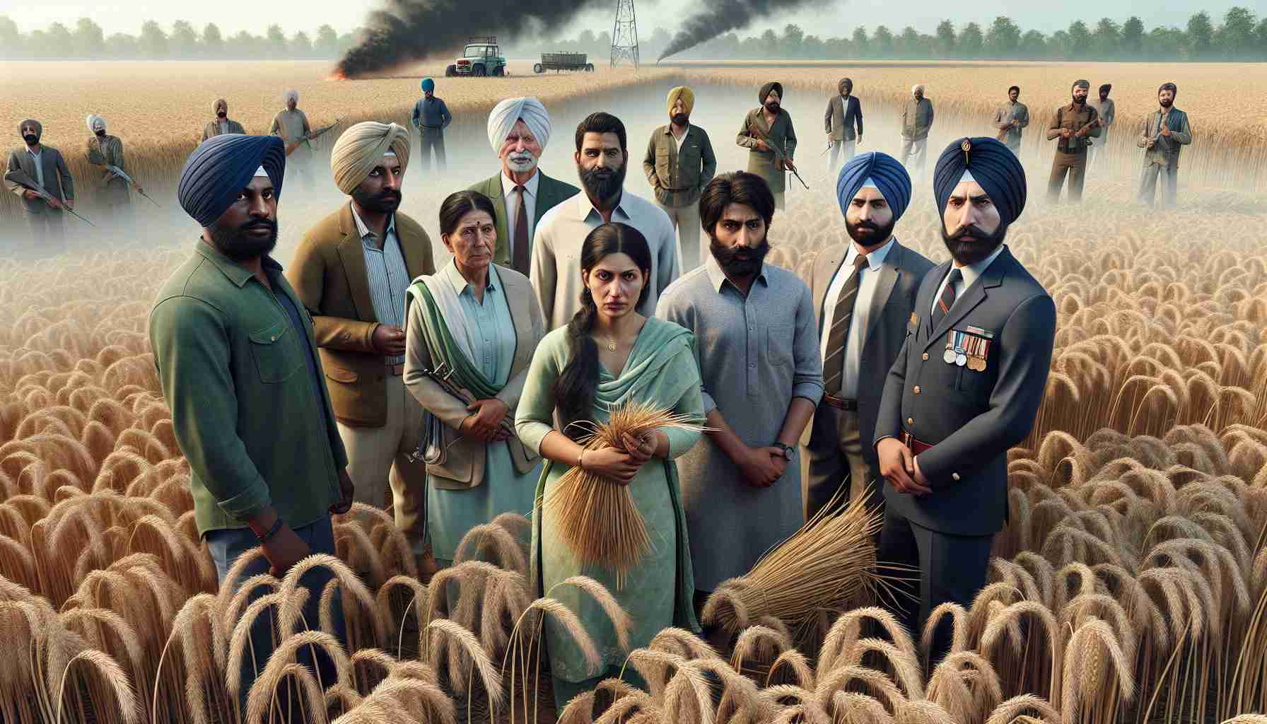 Realistic high-definition image of a scenario in Punjab involving a mix of individuals engaged in farming. Among the crowd, there is a black male farmer, a Middle-Eastern female farmer, a Caucasian male official, and a South Asian female official, all are caught in a deceptive act related to stubble burning. The farmers are seen in their work attire and the officials in their formal standard suits. The context of the image indicates a revelation of the controversial practice of stubble burning. The setting is a typical Punjabi farmland with tall golden wheat stalks, a clear sky, and traces of smoke in the air from the stubble burning.