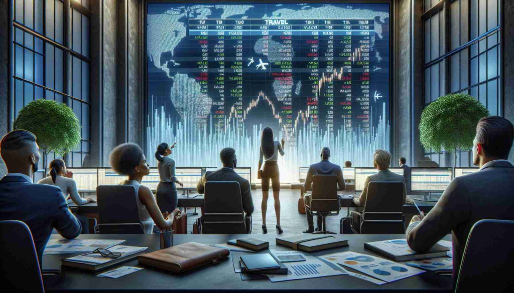 Realistically rendered high-definition image depicting the concept of savvy investors looking at the travel sector amidst stock challenges. It illustrates a diverse group of investors, a Hispanic woman and a Black man, analyzing travel-based stocks on a giant electronic stock market screen that displays various travel company logos. They are in an office filled with financial reports, graphs, and laptops. The mood is intense yet hopeful, representing the challenging yet potentially rewarding nature of stock investment during challenging times.