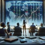 Realistically rendered high-definition image depicting the concept of savvy investors looking at the travel sector amidst stock challenges. It illustrates a diverse group of investors, a Hispanic woman and a Black man, analyzing travel-based stocks on a giant electronic stock market screen that displays various travel company logos. They are in an office filled with financial reports, graphs, and laptops. The mood is intense yet hopeful, representing the challenging yet potentially rewarding nature of stock investment during challenging times.