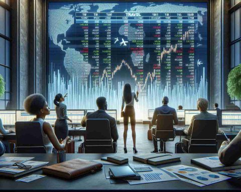 Realistically rendered high-definition image depicting the concept of savvy investors looking at the travel sector amidst stock challenges. It illustrates a diverse group of investors, a Hispanic woman and a Black man, analyzing travel-based stocks on a giant electronic stock market screen that displays various travel company logos. They are in an office filled with financial reports, graphs, and laptops. The mood is intense yet hopeful, representing the challenging yet potentially rewarding nature of stock investment during challenging times.