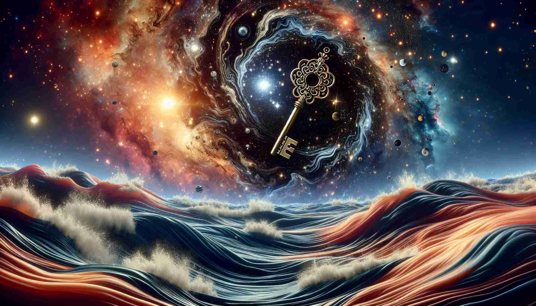 Please generate a realistic high-definition image that symbolizes the concept that dark energy could be the key to discovering life in another universe. Include visuals such as vast cosmic space, waves of dark energy flowing through it, a symbolic key made of dark energy, and a distant universe with potential signs for life.