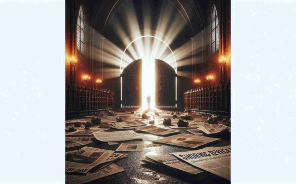 An image representing the metaphorical concept of shocking revelations. A symbolic image to represent the idea of truth being exposed. The focus should be on a gateway, which is lit in a dramatic manner to symbolize a path to transparency, with lots of newspapers, articles, and newsprints scattered on the floor nearby, giving hints of a scandal. The gateway is in a church setting which encapsulates the seriousness of the topic. The atmosphere around is tense and the overall image creates a sense of anticipation and worry.